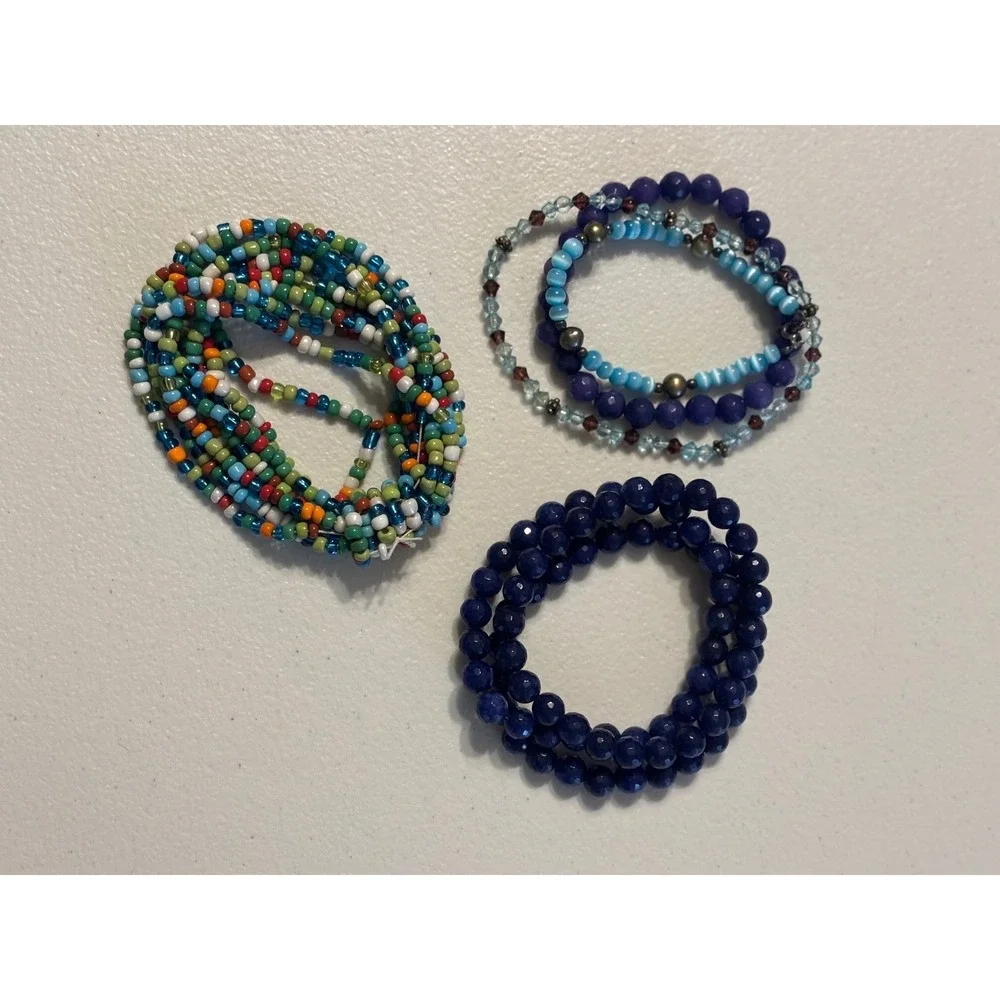 Set of 7 Beaded Stretch Bracelets Blue Multi Color Glass Bead‎ Boho Stacking